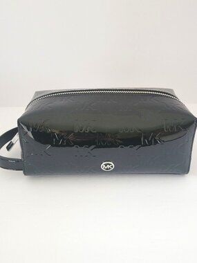 Michael Kors Travel Medium Cosmetic Case Makeup Bag Black MK Faux Patent Leather